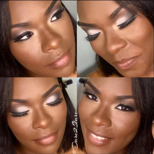 Full glam on a real client — gold shimmer and crisp liner