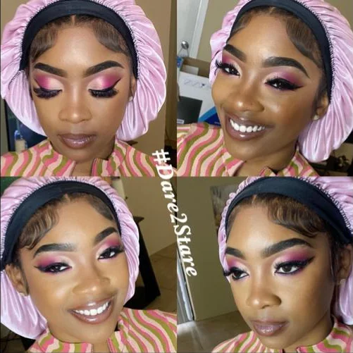Bold glam on a real client — fuchsia cut-crease and lashes