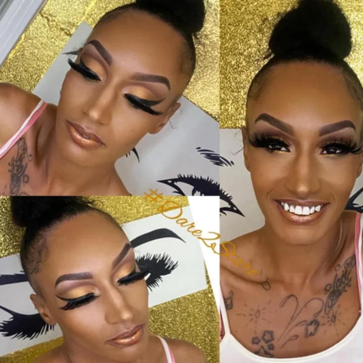 Bronze glam against a gold glitter backdrop